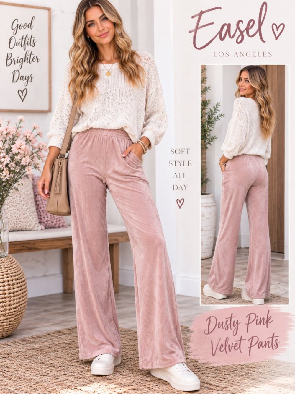 Easel Dusty Pink Velvet Soft Pull-On Pants Straight Leg Large NWT
